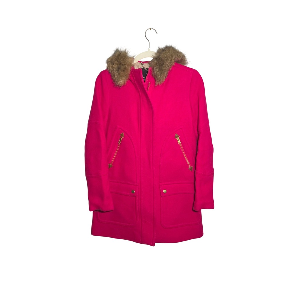 J.Crew Womens Peacoat 4P Pink Italian Stadium Cloth Zip Up Wool Faux Fur Classic